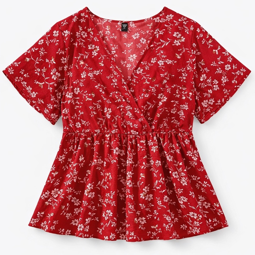 Women's Red Floral Wrap Peplum Top
